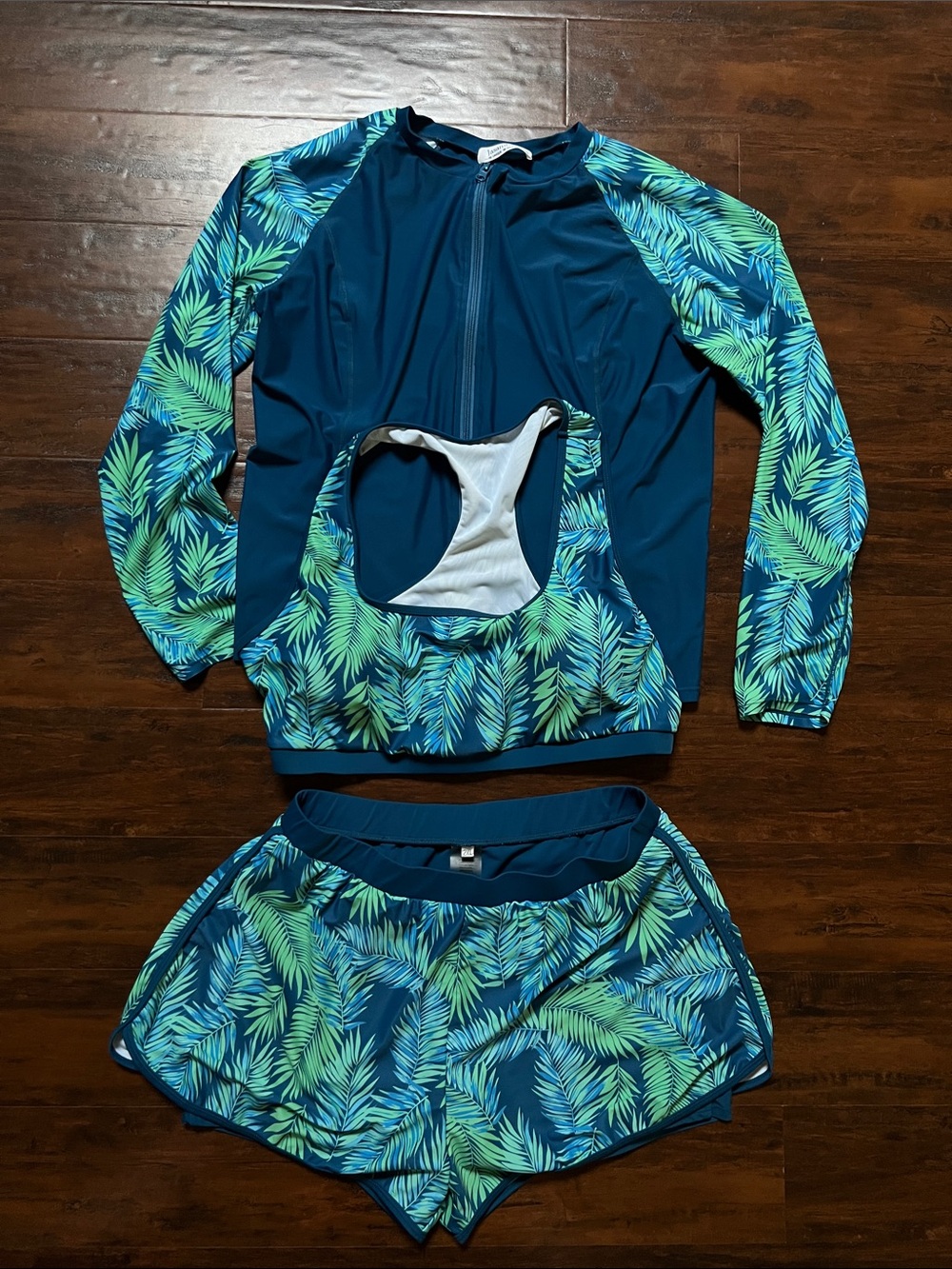Jasambac Teal Palm Print 3 Piece Long Sleeve Rash Guard Swim Set Size 2XL